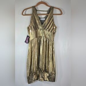 Y2K MICHAEL COSTELLO COUTURE GOLD METALLIC SEQUIN MINI BUBBLE HEM DRESS.
